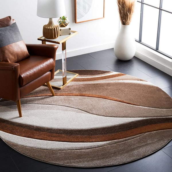 Hollywood 3 ft. x 3 ft. Beige/Brown Gradient Waves Round Area Rug