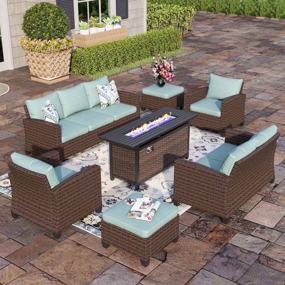 PHI VILLA Brown 7-Piece Rattan Steel Outdoor Patio Conversation