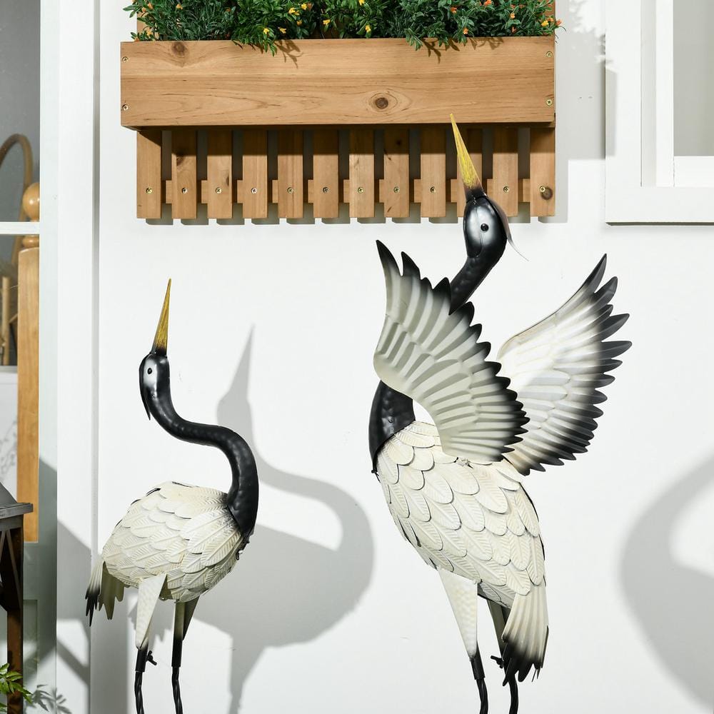 Set of 2 White and Black Metal Heron Garden Statues