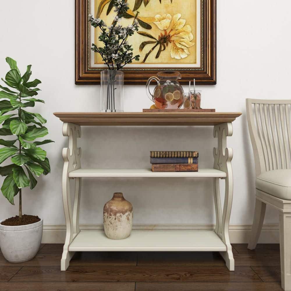 Cottage Charm White and Natural Wood 2-Tier Console Table with Storage