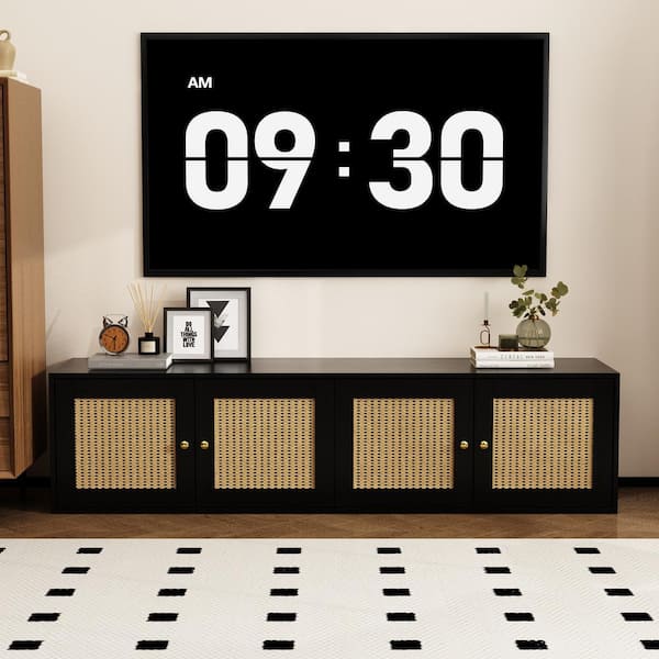 FUFU&GAGA Black TV Stand Entertainment Center Fits TV's Up To 65 in. with Rattan Doors and Movable Shelves