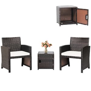3-Pieces Patio PE Rattan Conversation Furniture Set Bistro Set with Waterproof Cover Off White
