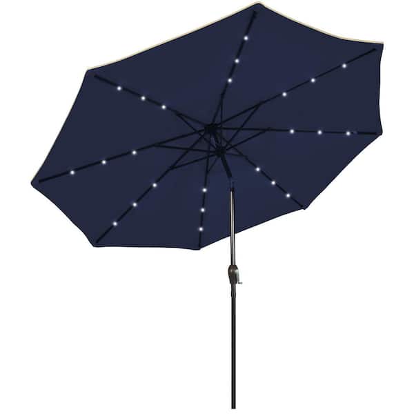 FORCLOVER 9 ft. Solar LED Lighted Market Patio Umbrella Tilt Adjustment Crank Lift in Dark Blue