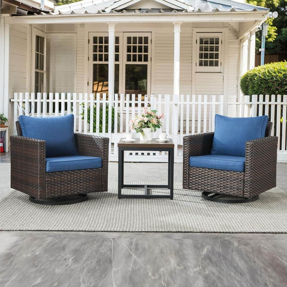 Gymojoy Valenta Brown 3-Piece Wicker Patio Conversation Set with Blue ...