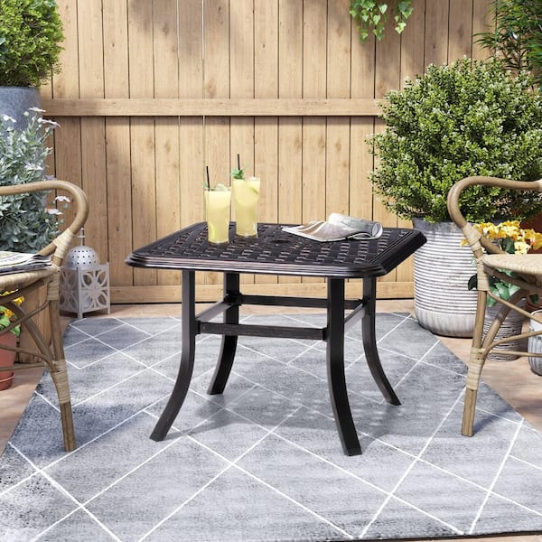 Black Square Cast Aluminum Outdoor Side Table with Umbrella Hole