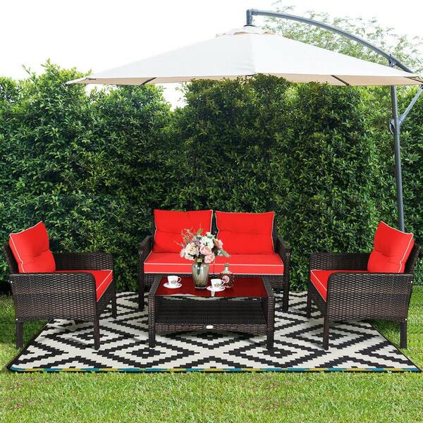 SUNRINX 4-Piece Wicker Patio Conversation Set with Red Cushions ...