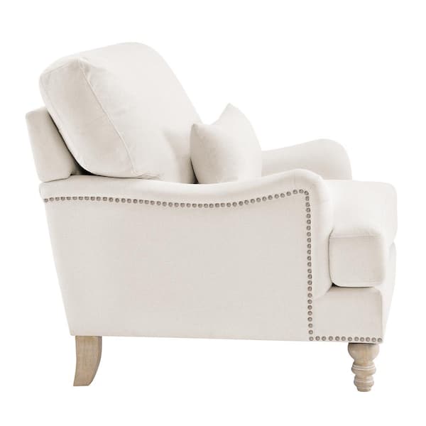 39 in. W Ivory Fabric Upholstered Club Chair with Nailhead Trim Wooden Leg Accent Chair