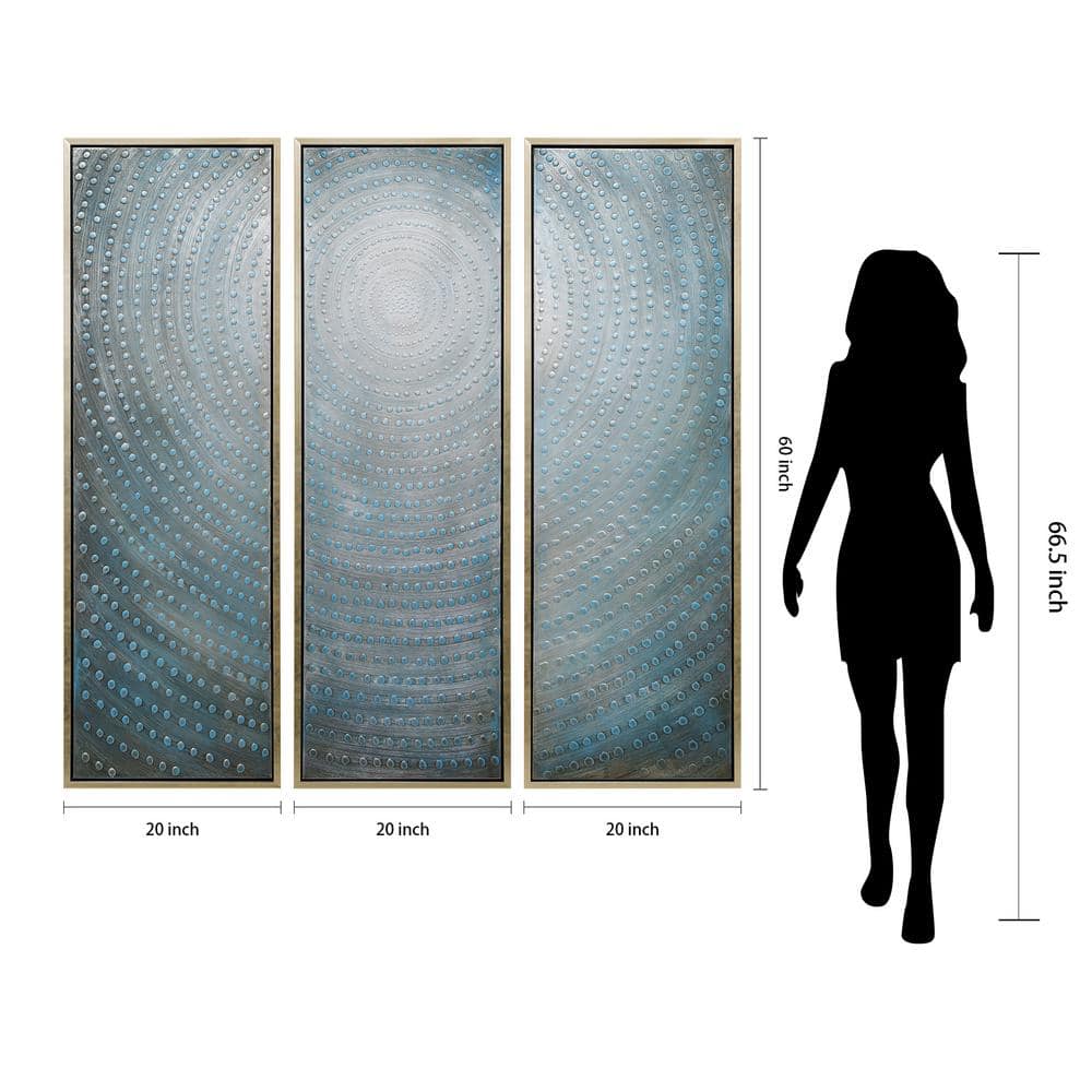 Concentric Blue and Silver Abstract Canvas Triptych, 60" x 60"