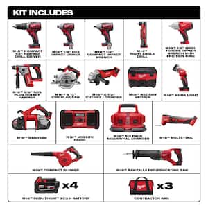 M18 18V Lithium-Ion Cordless Combo Tool Kit (15-Tool) with Four 3.0 Ah Batteries, (1) Charger, (3) Tool Bag