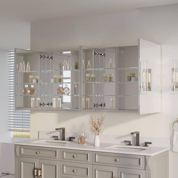 64 in. W x 30 in. H Rectangular Recess/Surface Mount Medicine Cabinet with Mirror, 4-Soft Close Door