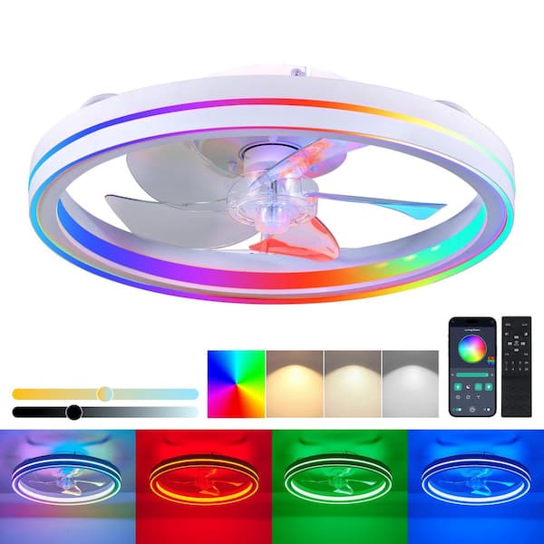 19 in. White Smart Flush Mount RGB LED Ceiling Fan w/ Light, Remote/App Control Dimmable Bladeless Low Profile Fandelier