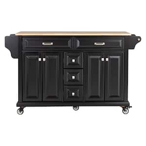 Black Wood 60.50 in. Kitchen Island with Storage, Drawers, Wheels and Doors