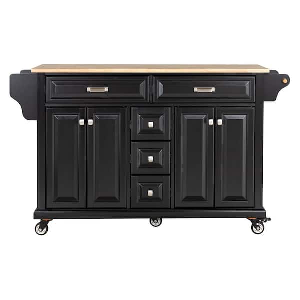 Sudzendf Black Wood 60.50 in. Kitchen Island with Storage, Drawers, Wheels and Doors