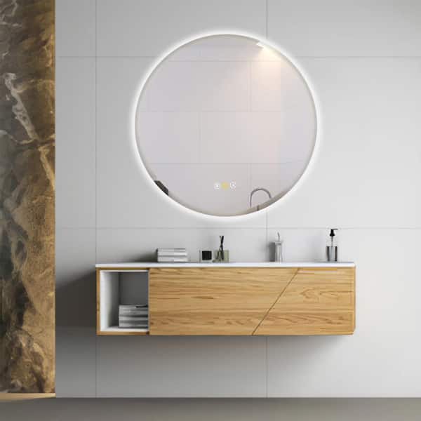 HBEZON Sirens 32 in. W x 32 in. H Medium Round Frameless LED Dimmable Anti-Fog Wall Mount Bathroom Vanity Mirror in Silver