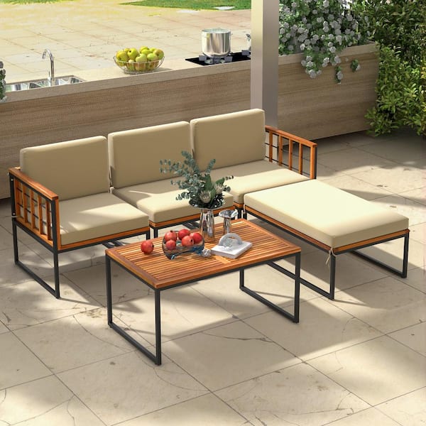 ANGELES HOME 5-Piece Metal Patio Conversation Set Acacia Wood Sectional Set with Heavy-Duty Metal Frame