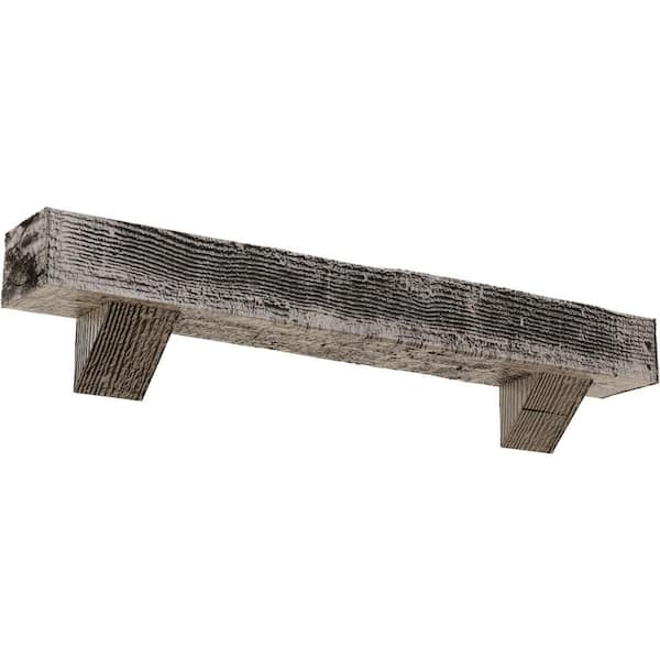 Ekena Millwork 8 in. x 10 in. x 7 ft. Rough Sawn Faux Wood Fireplace Mantel Kit, Breckinridge Corbels, Burnished Pine