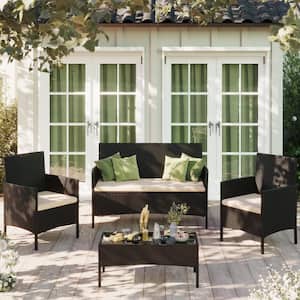 4-Pieces Black Wicker Patio Furniture Sets Patio Conversation Sets with Beige Cushion