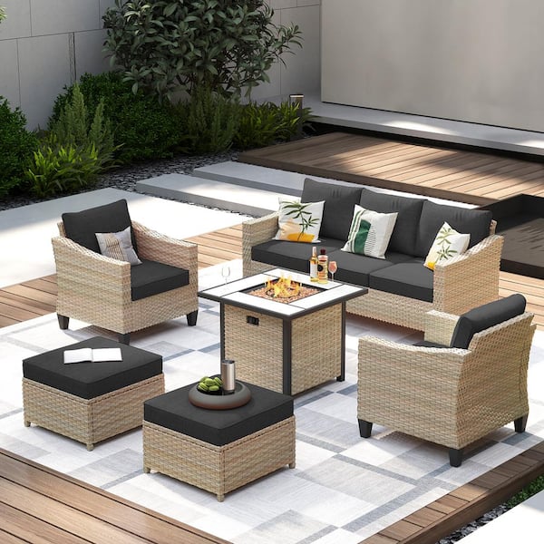 HOOOWOOO Oconee Beige 6-Piece Outdoor Patio Fire Pit Conversation Sofa Seating Set with Black Cushions