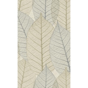 Blue Beige Botanical Dry Leaves Veins Double Roll Non-Woven Non-Pasted Textured Wallpaper 57 Sq. Ft.