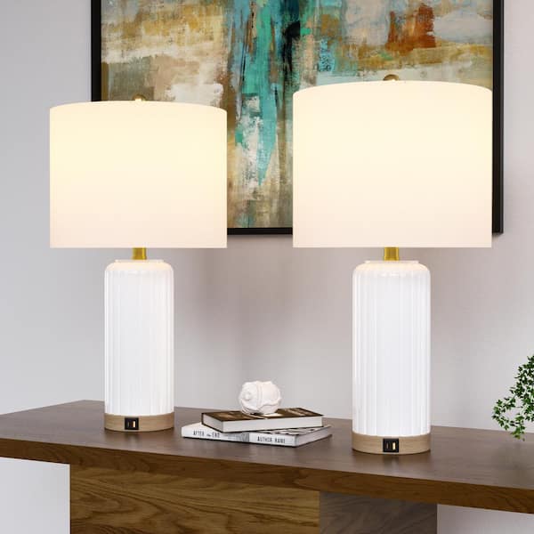Sacramento 24.5 in. White Modern Dimmable Ceramic Bedroom Living Room Bedside Desk Table Lamps USB Port (Set of 2)