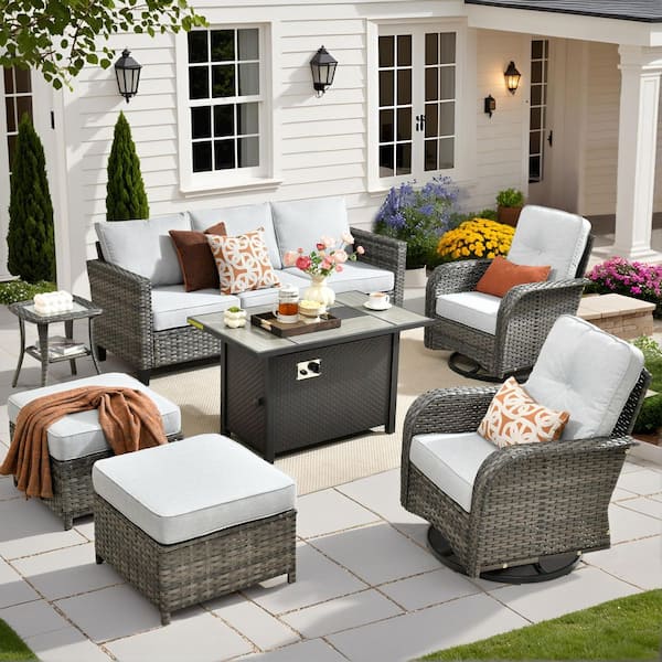 XIZZI Elvira 7-Piece Wicker Patio Rectangular Fire Pit Set with Light Gray Cushions and Swivel Rocking Chairs