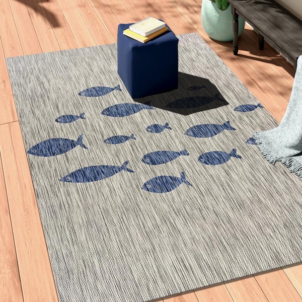Clover Coastal Gray/Blue 7 ft. 9 in. x 9 ft. 9 in. Aquatic Fish Indoor/Outdoor Area Rug