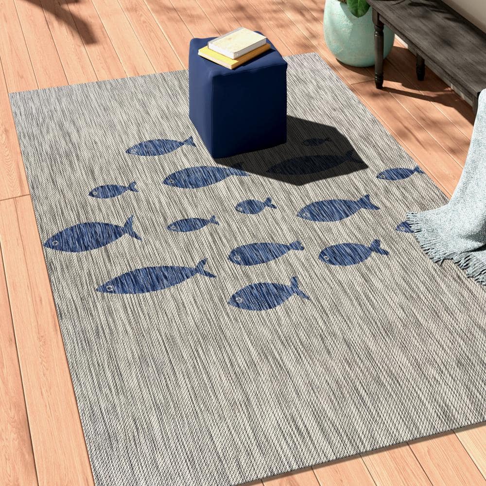 Gray and Blue Fish Pattern Stain-Resistant Synthetic 5' x 7' Area Rug