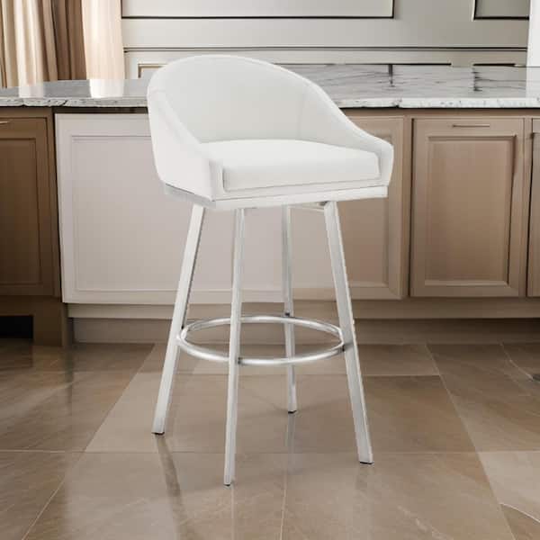 Benjara 30 in. White and Chrome Low Back Metal Frame Bar Stool with Faux Leather Seat