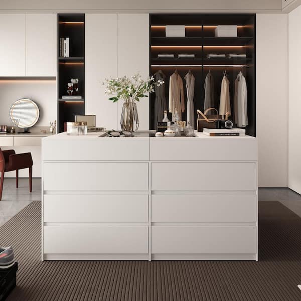 FUFU&GAGA White12-Drawers 63 in. Width Large Bedroom Dresser, Chest of Drawers with Glass Top, Openable Top Storage and 12 Drawers