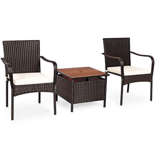 HONEY JOY 3-Piece PE Wicker Patio Conversation Set with Acacia Wood Coffee Table and Umbrella Hole for Backyard Garden Poolside