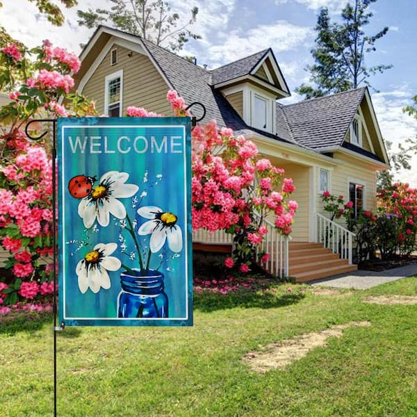 18 in. x 12.5 in. Double Sided Premium Spring Summer Daisy Jar and Ladybug Welcome Decorative Garden Flags Double Stitch