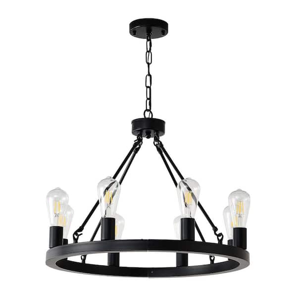Unbranded 8-Light (Bulbs Not Included) Matte Black Wagon Wheel Chandelier, Farmhouse Ceiling Light for Foyer Hallway Entryway