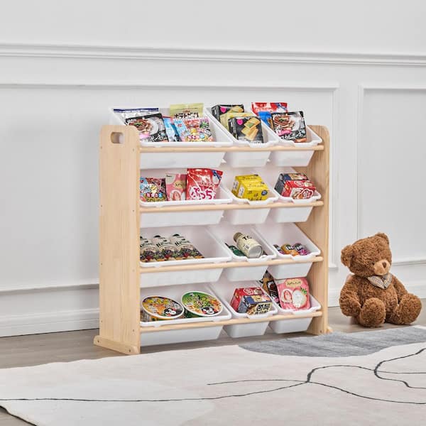 White Kids Storage Organizer with 12 Removable Toy Bins 4-Tier Accent Cabinet for Playroom, Nursery, Bedroom, Classroom