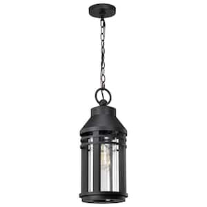 Wilton 19.75 in. 1-Light Matte Black Outdoor Pendant Light Fixture with Clear Seeded Glass Shade