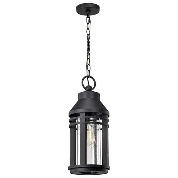 SATCO Wilton 19.75 in. 1-Light Matte Black Outdoor Pendant Light Fixture with Clear Seeded Glass Shade