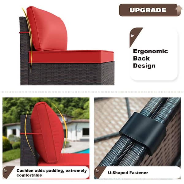 6-Piece Wicker Outdoor Sectional Set with Red Cushion