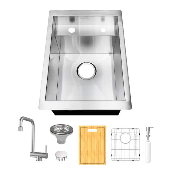Glacier Bay Zero Radius 15 in. Undermount 18G Stainless Steel Single Bowl Workstation Bar Sink with Folding Faucet