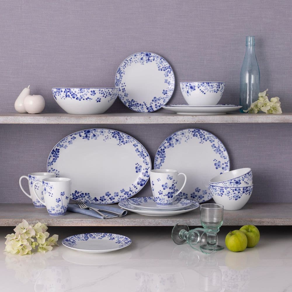 Blue and White Porcelain Floral 12-Piece Dinnerware Set
