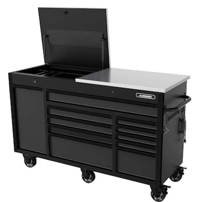 63 in. W x 23 in. D Heavy Duty 11-Drawer Mobile Workbench Cabinet with Flip-Top Stainless Steel Top in Matte Black