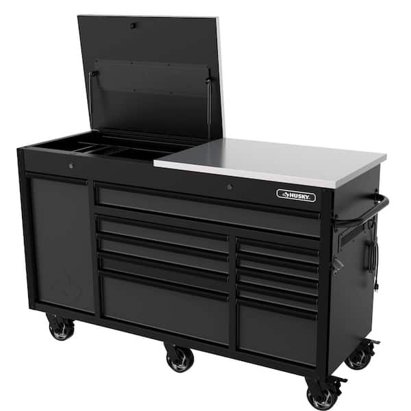 Husky 63 in. W x 23 in. D Heavy Duty 11-Drawer Mobile Workbench Tool Chest with Flip-Top Stainless Steel Top in Matte Black