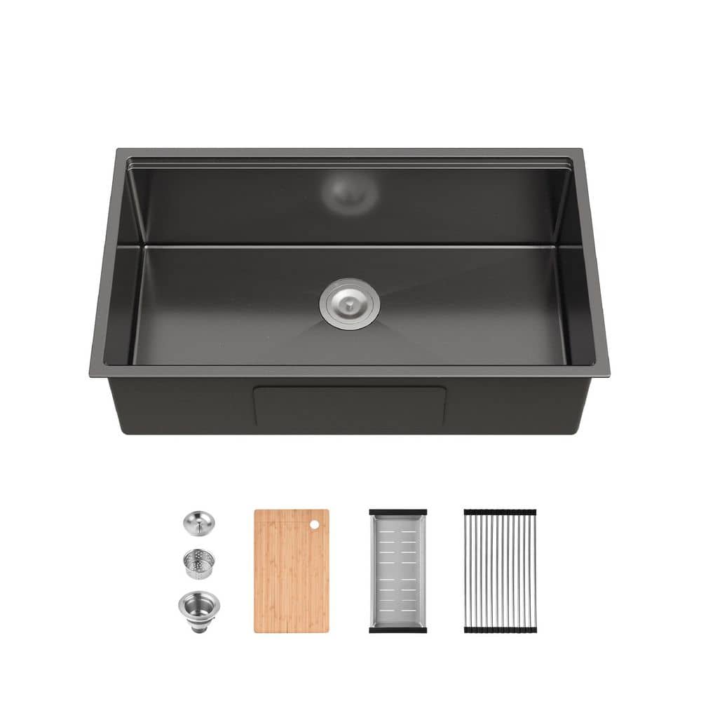 33 in. Undermount Single Bowl Matte Black Stainless Steel Kitchen Workstati