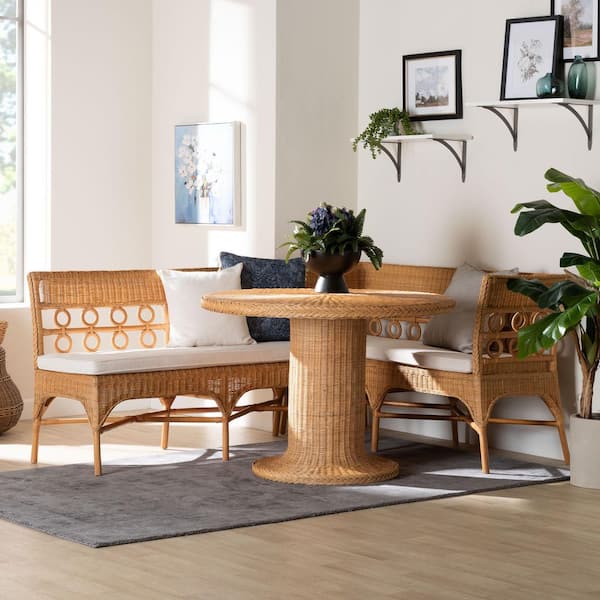 Monica Light Honey Rattan 3-Piece Dining Nook Set