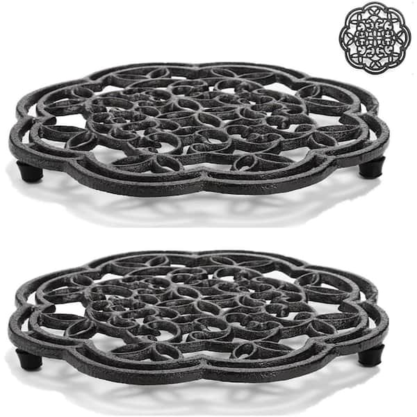 Cast Iron Trivet with Anti-Slip Rubber Pegs, Vintage Flower Pattern Design for Hot Pots and Kitchen Decor (Set of 2)