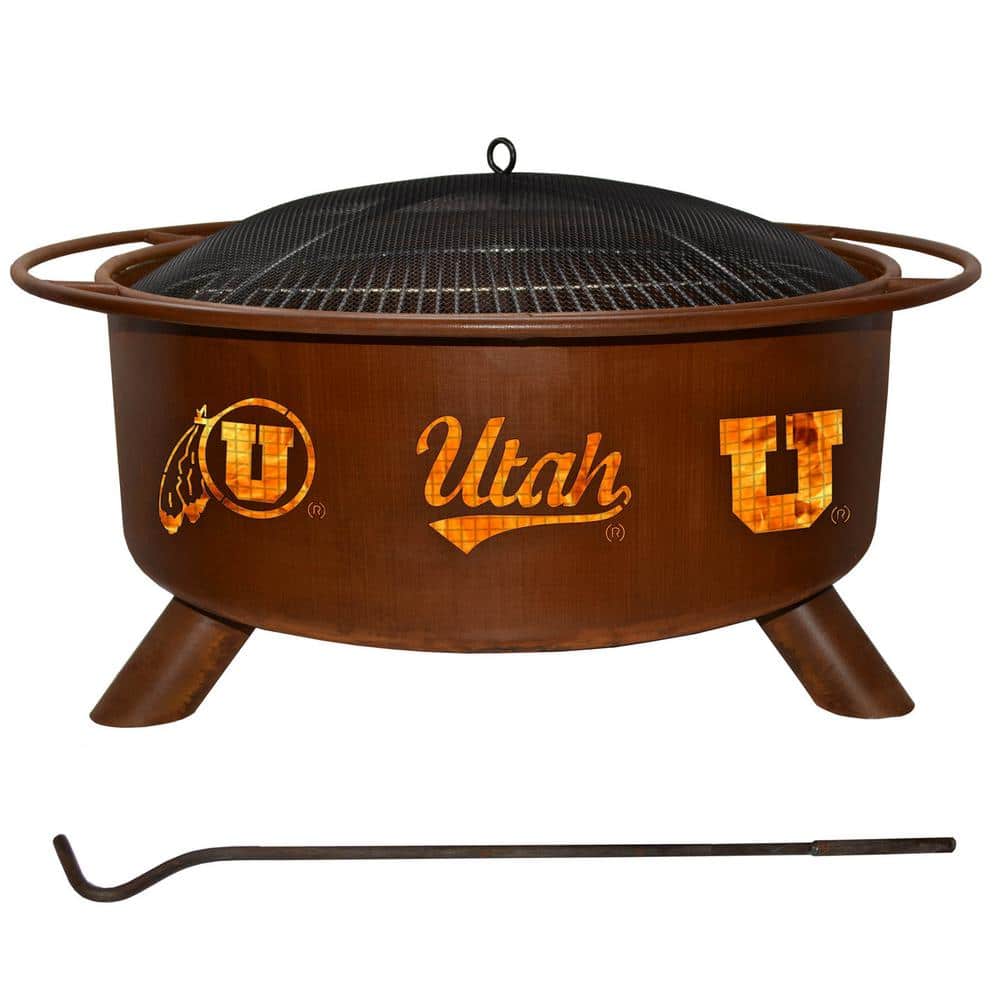 Utah 29 in. x 18 in. Round Steel Wood Burning Rust Fire Pit with Grill Poke