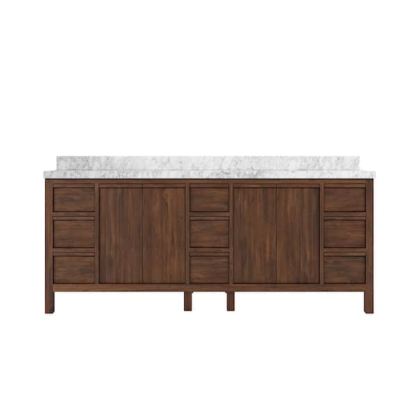 Willow Collections Elizabeth Teak 84 in. W x 22 in. D x 36 in. H Double Sink Bath Vanity in Dark Walnut with 2 in. Carrara Marble Top