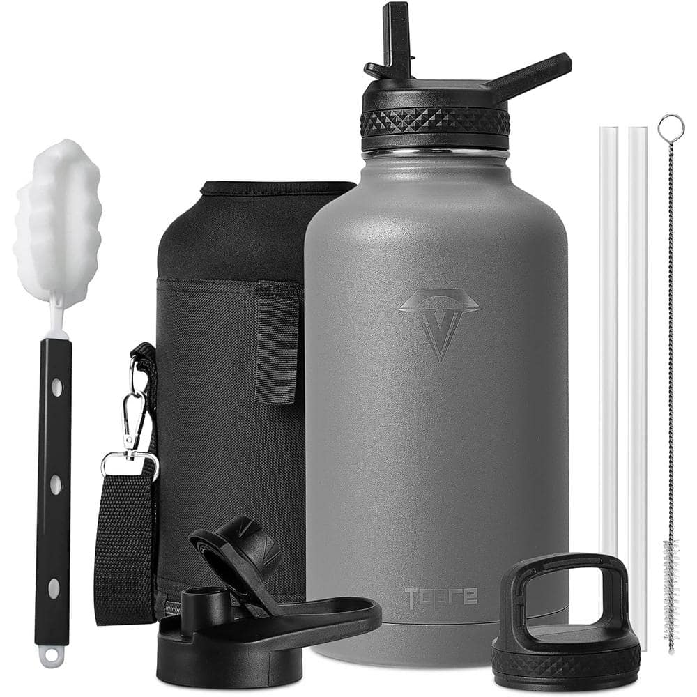 64 oz. Gray Stainless Steel Insulated Water Bottle Sports with 3 Lids Doubl