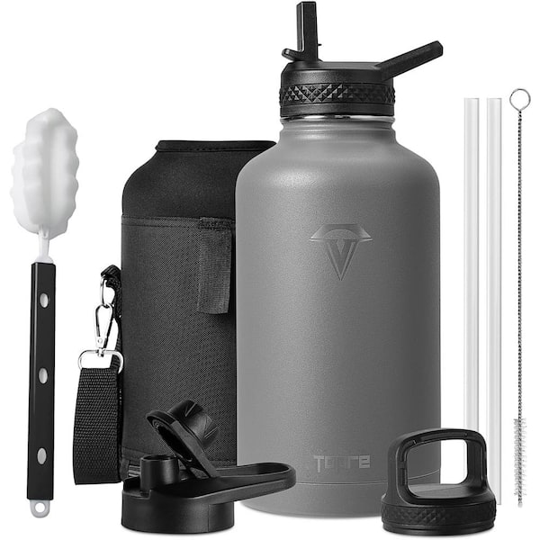 Adrinfly 64 oz. Gray Stainless Steel Insulated Water Bottle Sports with 3 Lids Double Walled Vacuum Mug Outdoor