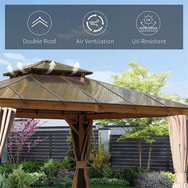 12 ft. x 12 ft. Outdoor Wood Grain Aluminum Frame Polycarbonate Hardtop Double Roof Gazebo with Curtains and Net