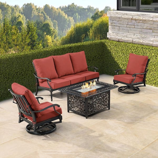 Oakland Living Black 4-Piece Aluminum Patio Fire Pit Set with Red Cushions
