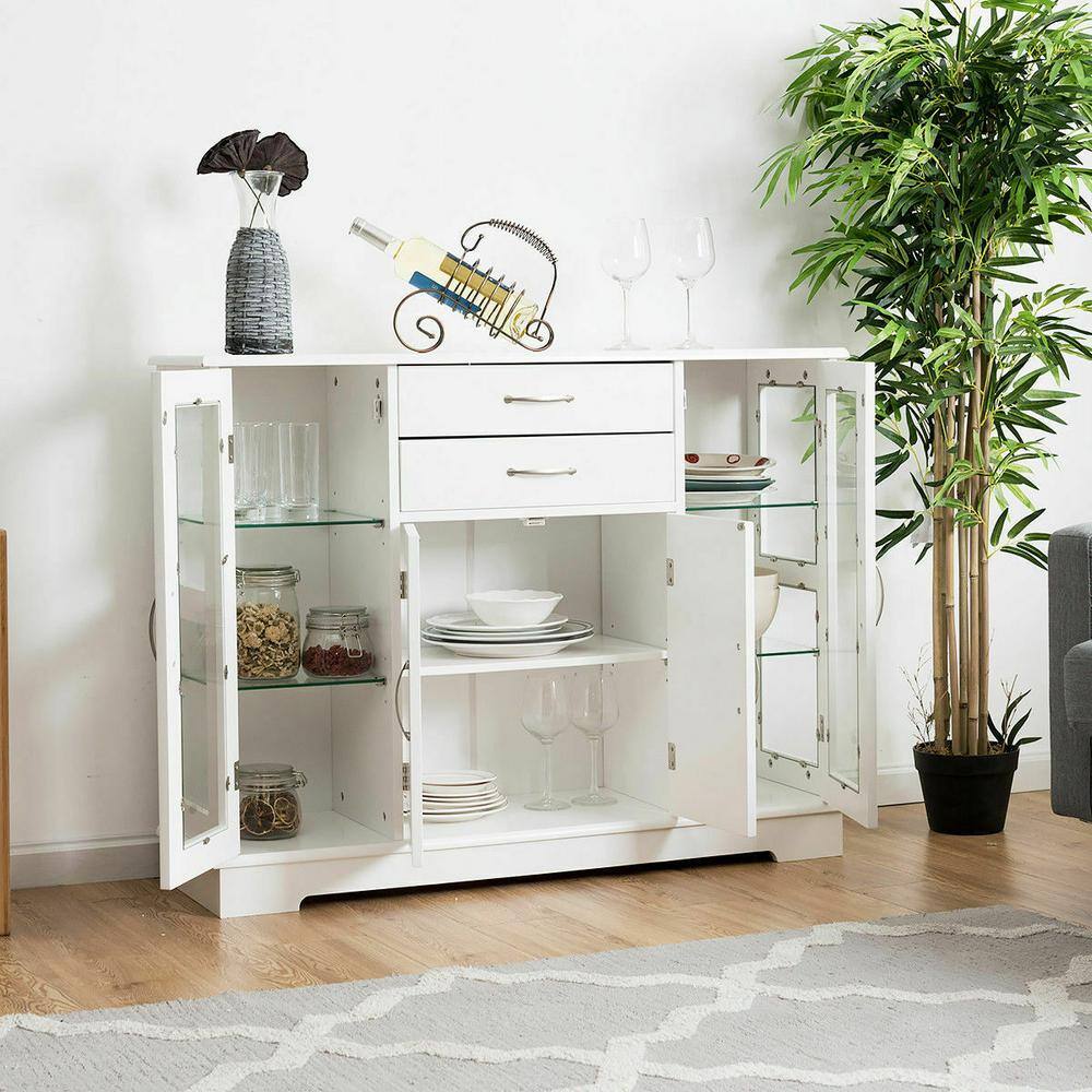 White Buffet Storage Cabinet with Glass Doors and Drawers